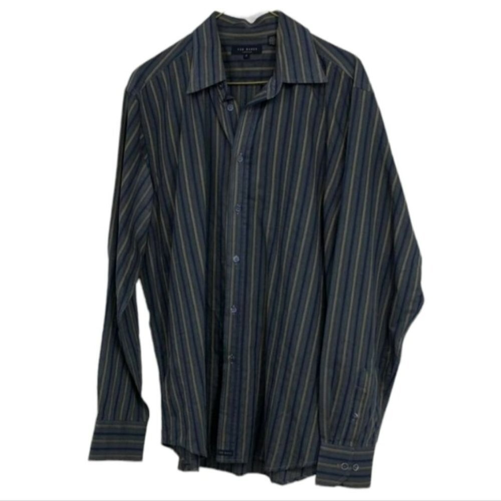 Ted Baker London vertical stripe navy and tan  button down dress shirt cotton XL